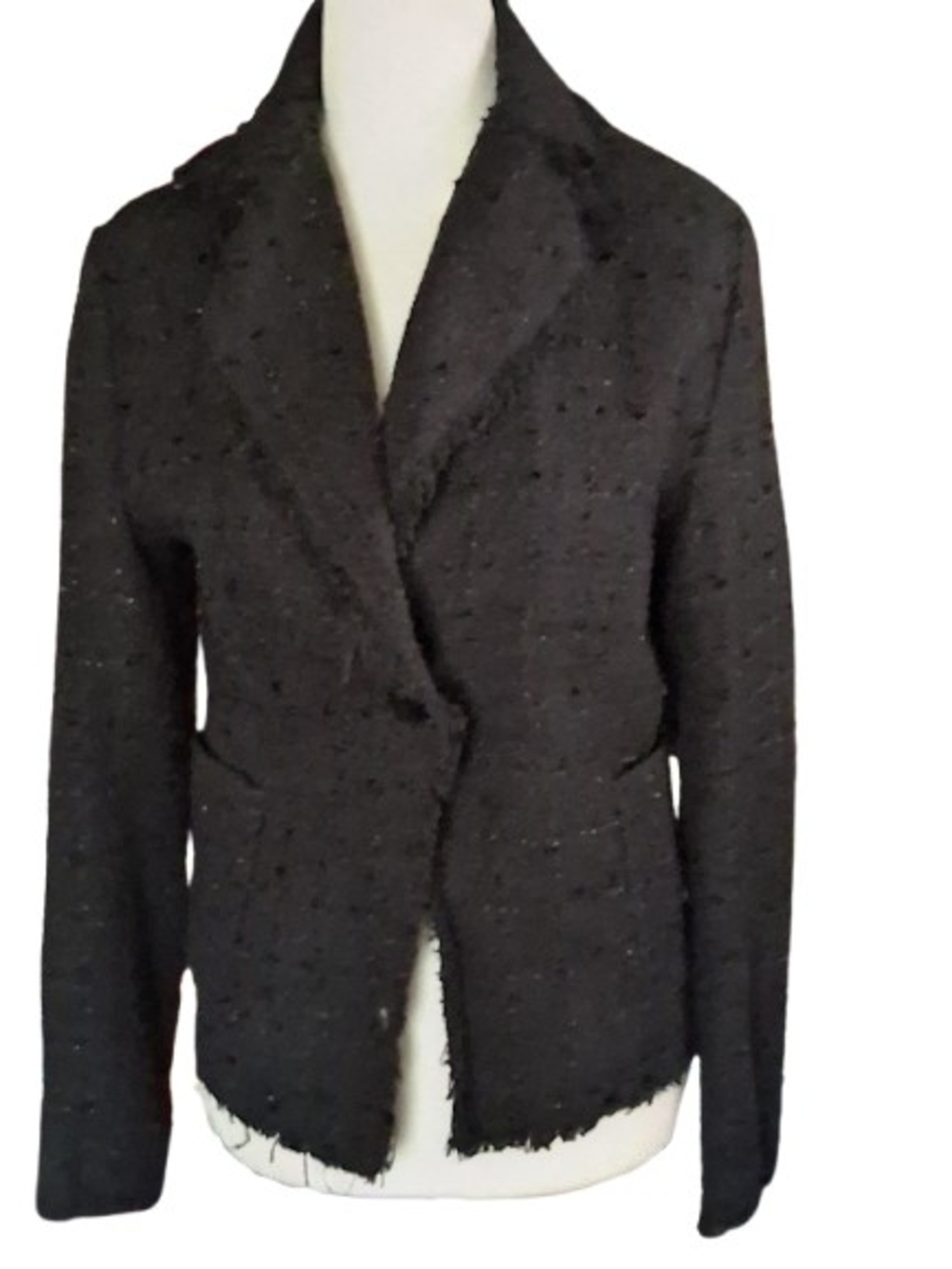 NWOT Anne Carson Silk Blend Black Tweed Blazer - Frayed Edge Accent Jacket